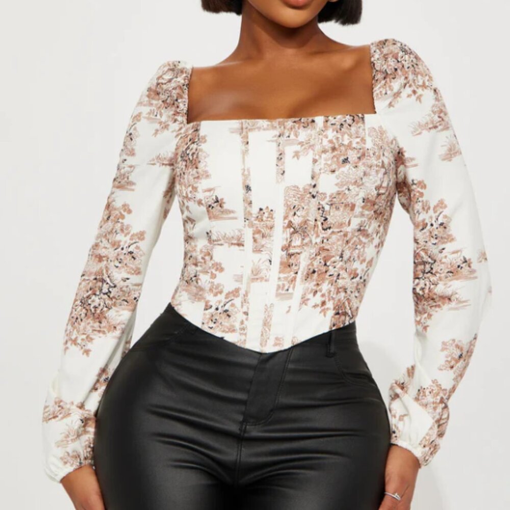 Fashion Nova Something Special Long Sleeve Corset Top - Ivory/combo